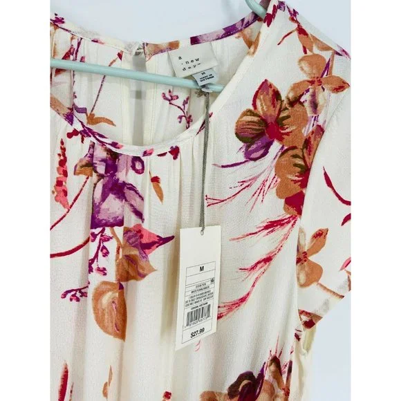 A New Day Womens Dress Size M Floral Short Cap Sleeve Pockets Cinched Waist NWT - Picture 7 of 8